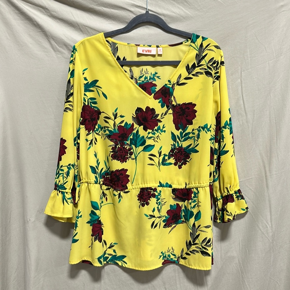 EVRI Womens‎ Plus Size 1X Yellow Floral V-neck Tie Blouse 3/4 Sleeve / Box 2-9
